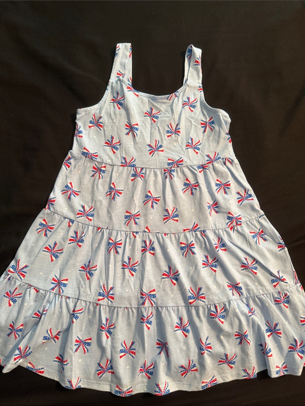 Tiered Light Blue Sundress with Red & Navy Bow Print